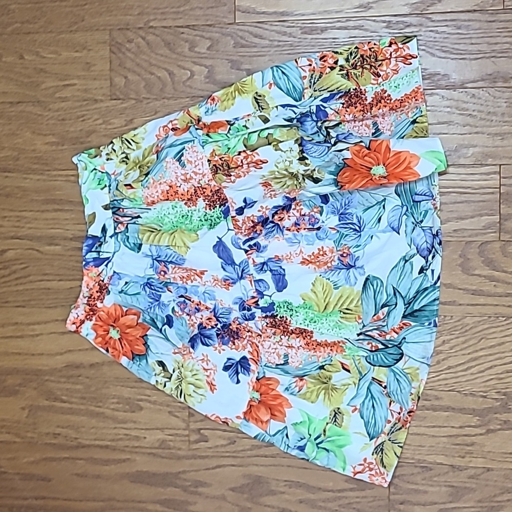 ZARA Women's Red Blue Yellow Floral Printed Poplin Knee Length Skirt SZ …